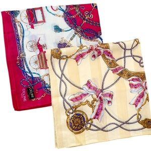 Celine Silk Scarf Duo Set Carriage Print & Ribbon Ropes 100% Silk 18” Squares